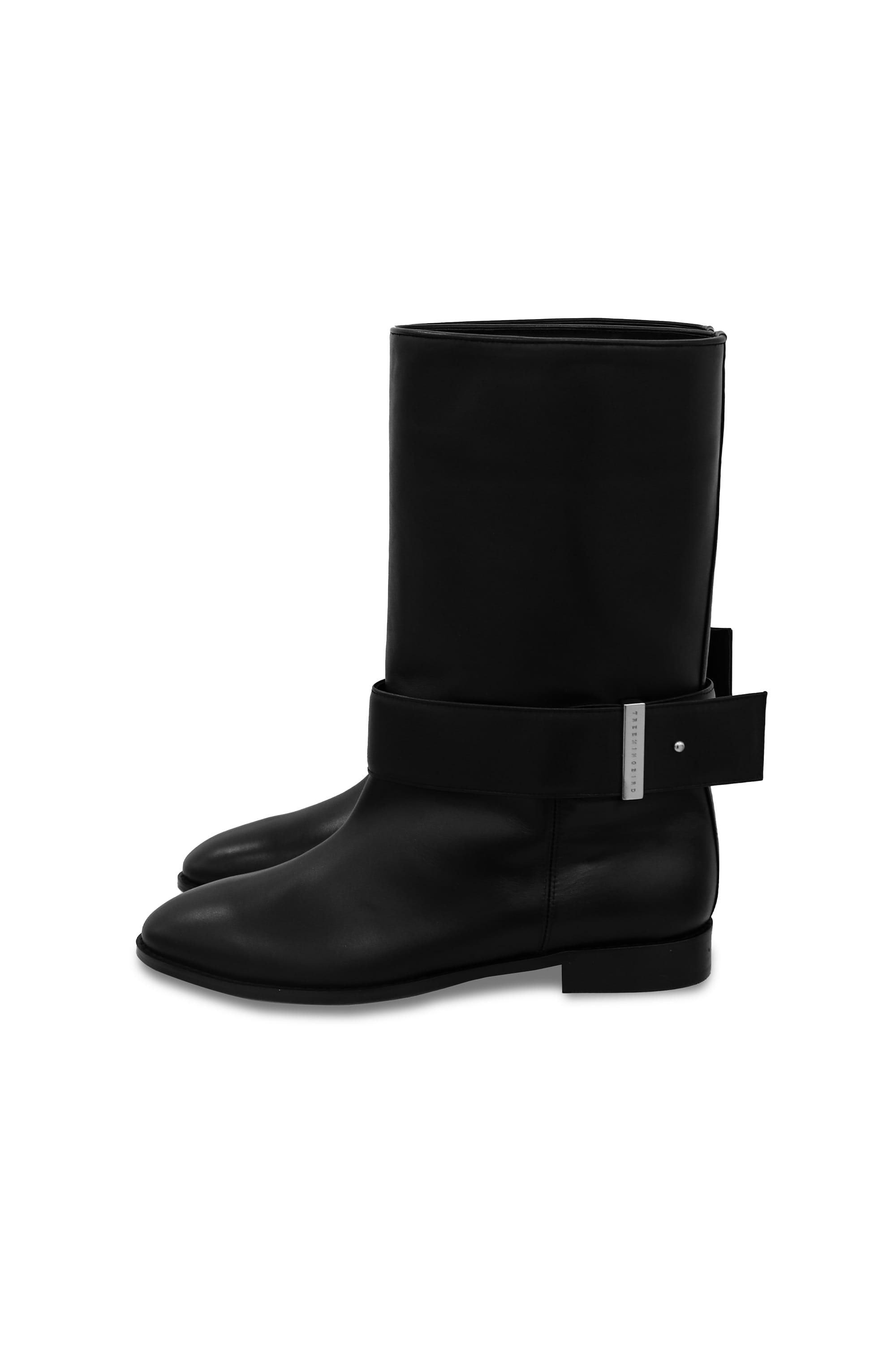 HANDMADE) Cowhide Belted Middle Boots [ Black ]