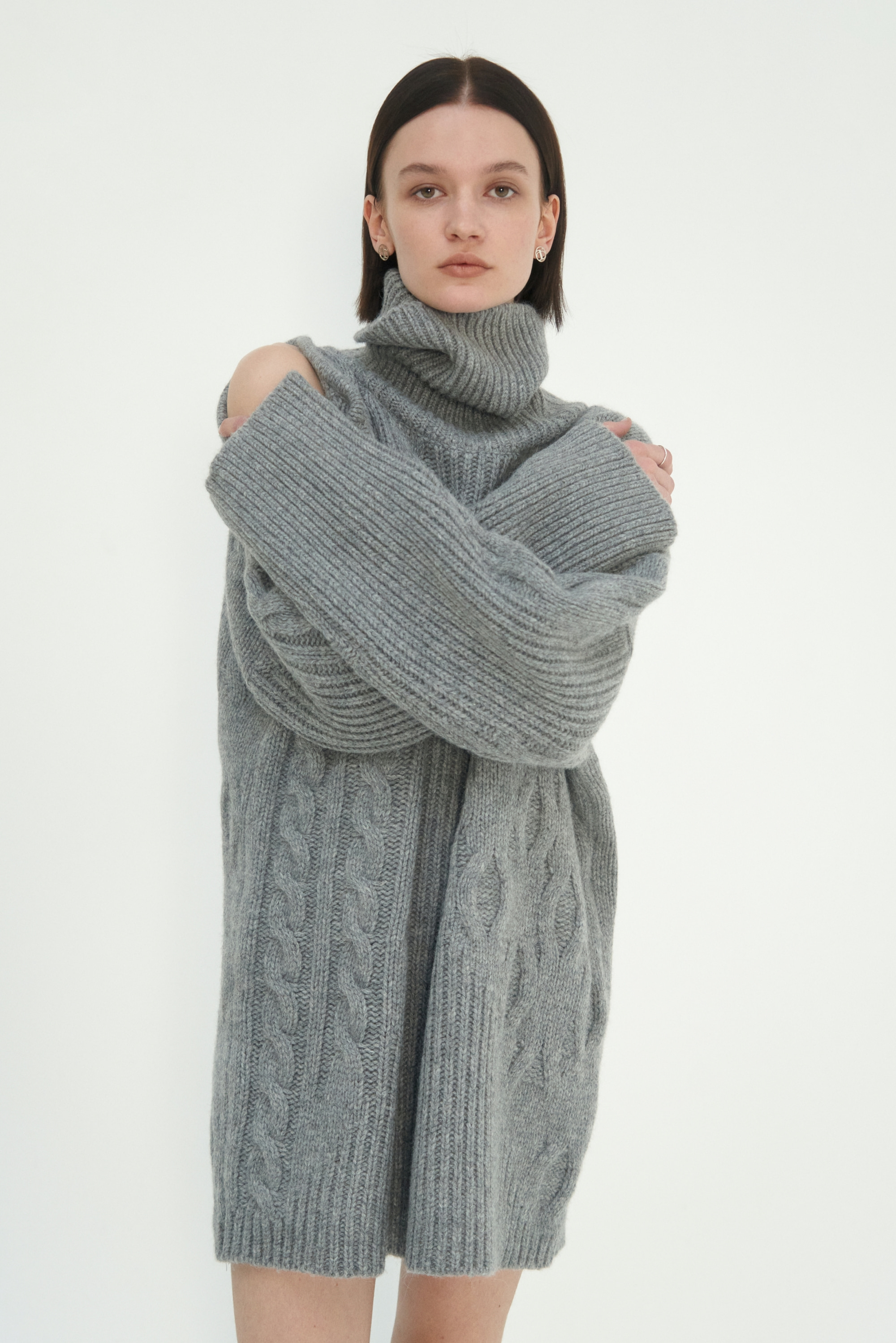 One-shoulder Open Texture knit One-piece [ Gray ]