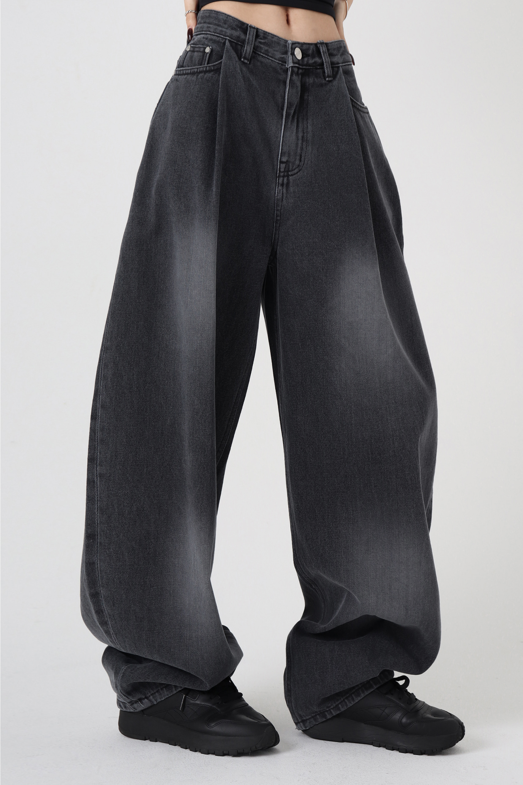 One Button Denim Set-up Pants [ Black Denim ]