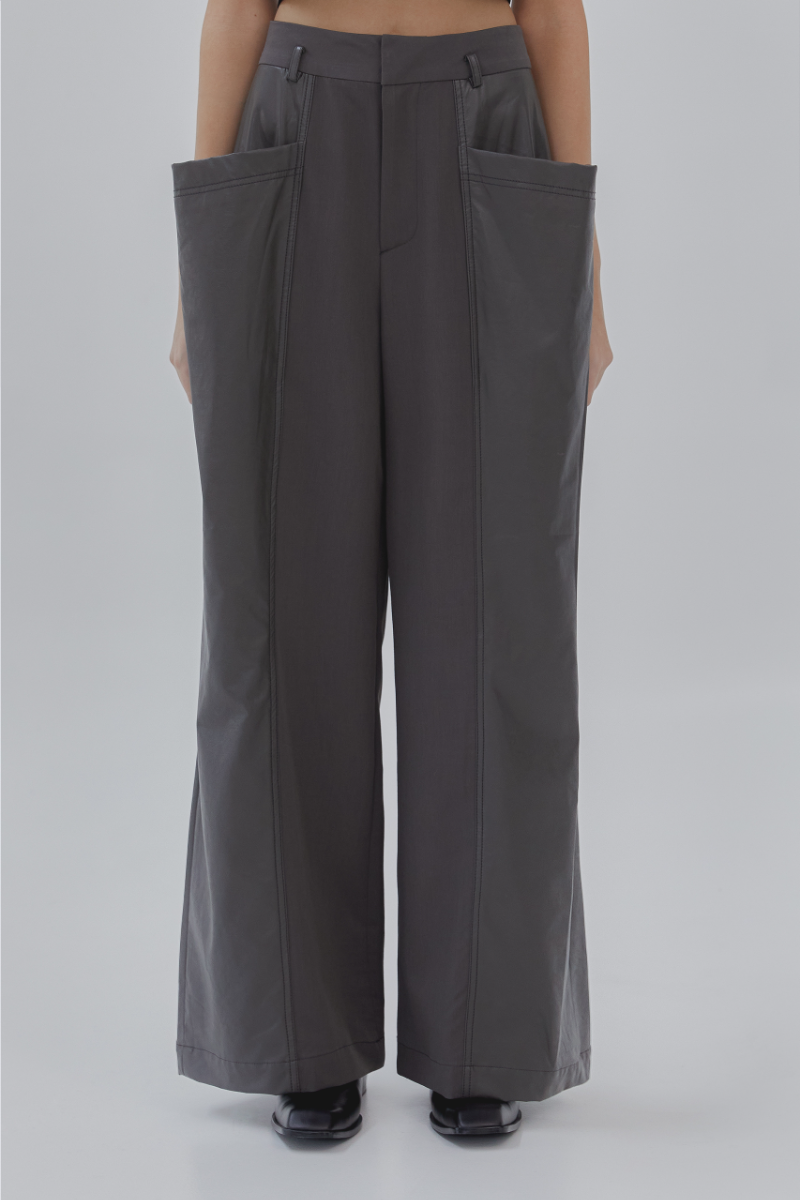 Cutting Line Faux Leather Pants [ Charcoal ]