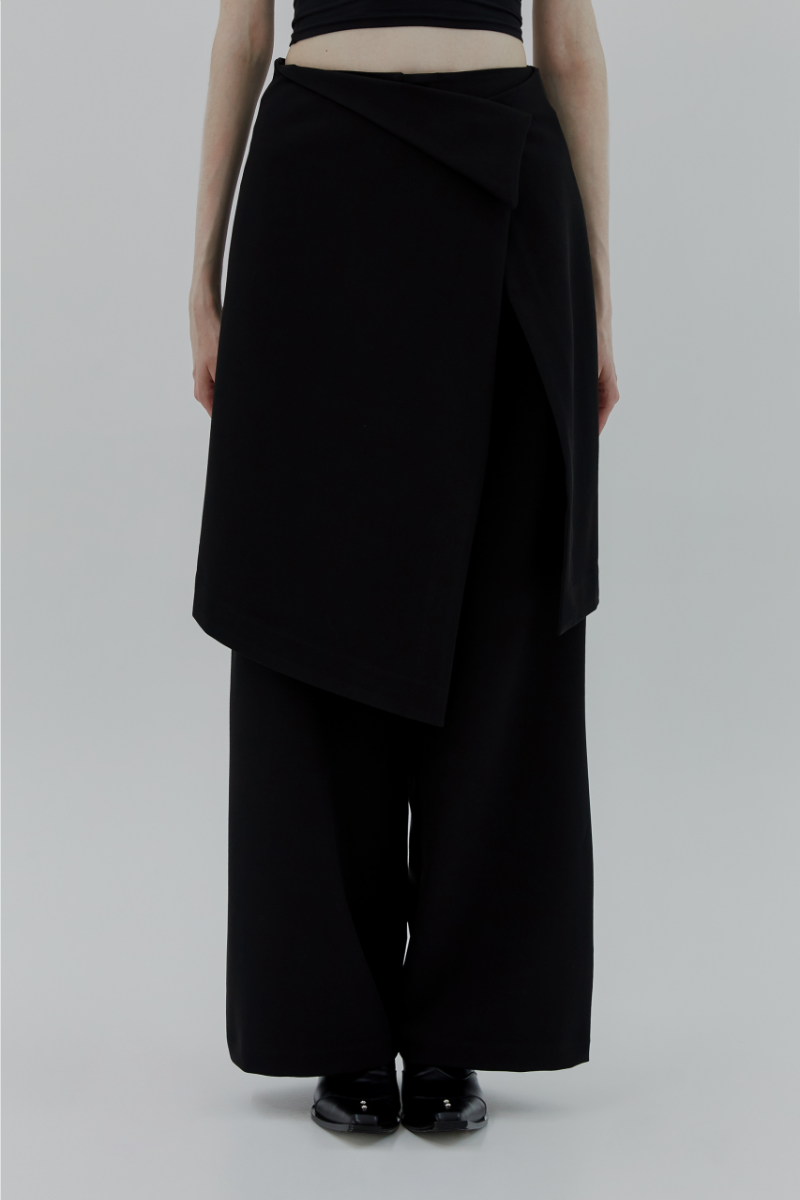 2-way Folded Wrap Skirt-pants [ Black ]