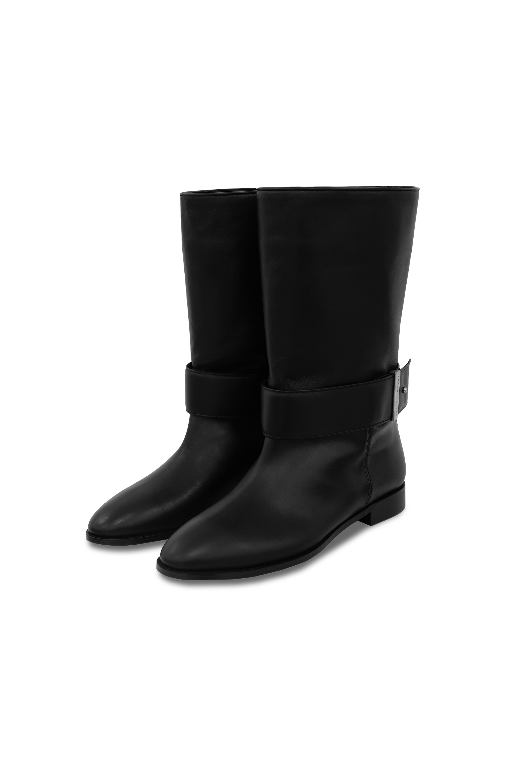 HANDMADE) Cowhide Belted Middle Boots [ Black ]