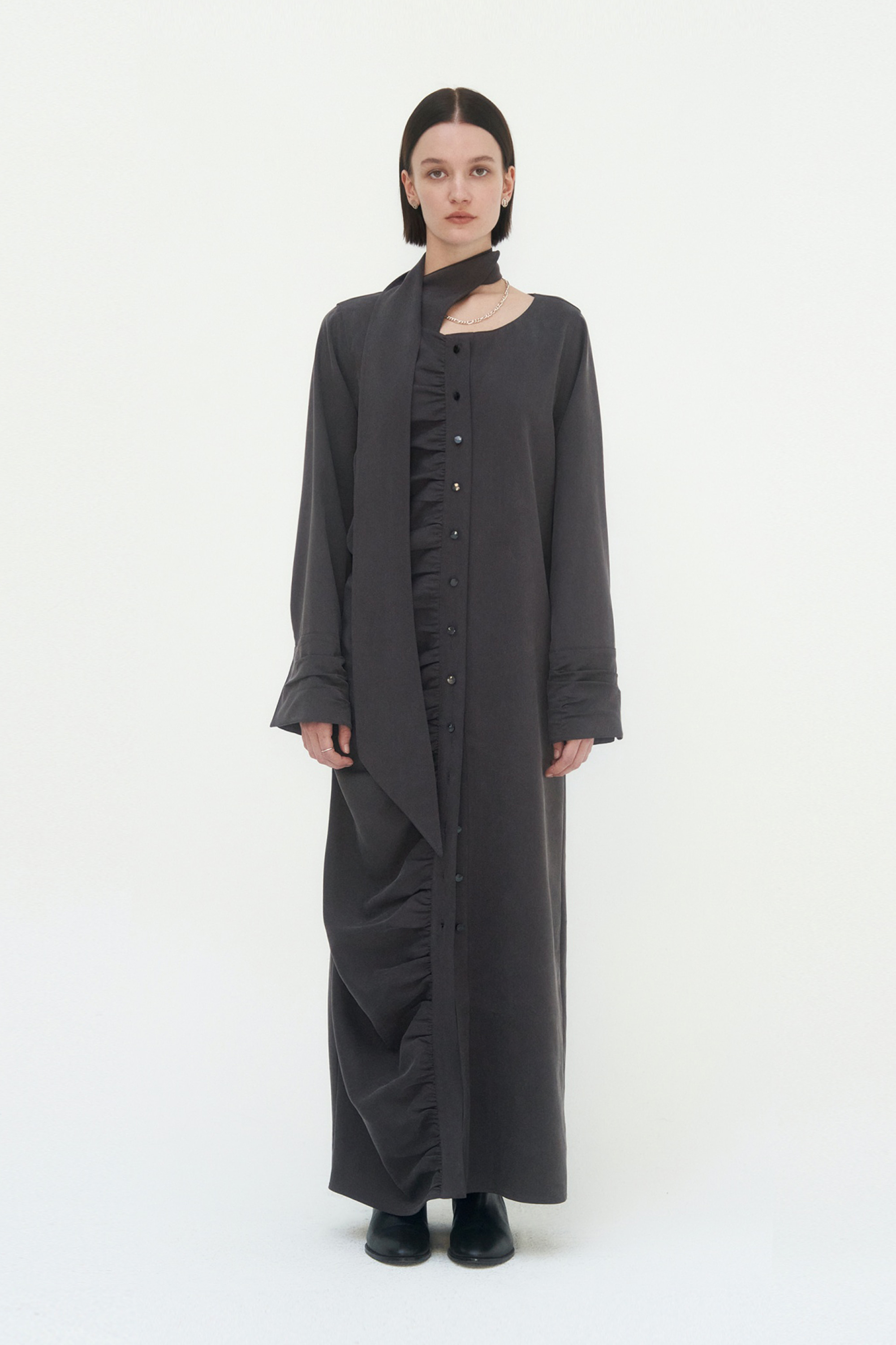 Scarf Shirring Long One-Piece [ Charcoal ]