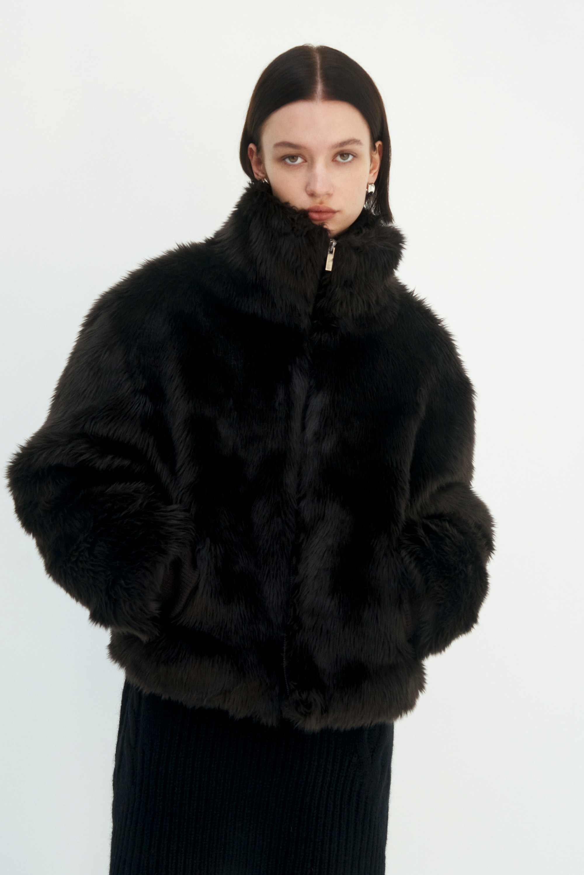 High-neck Zip-up Fur Jacket [ Deep Brown ]