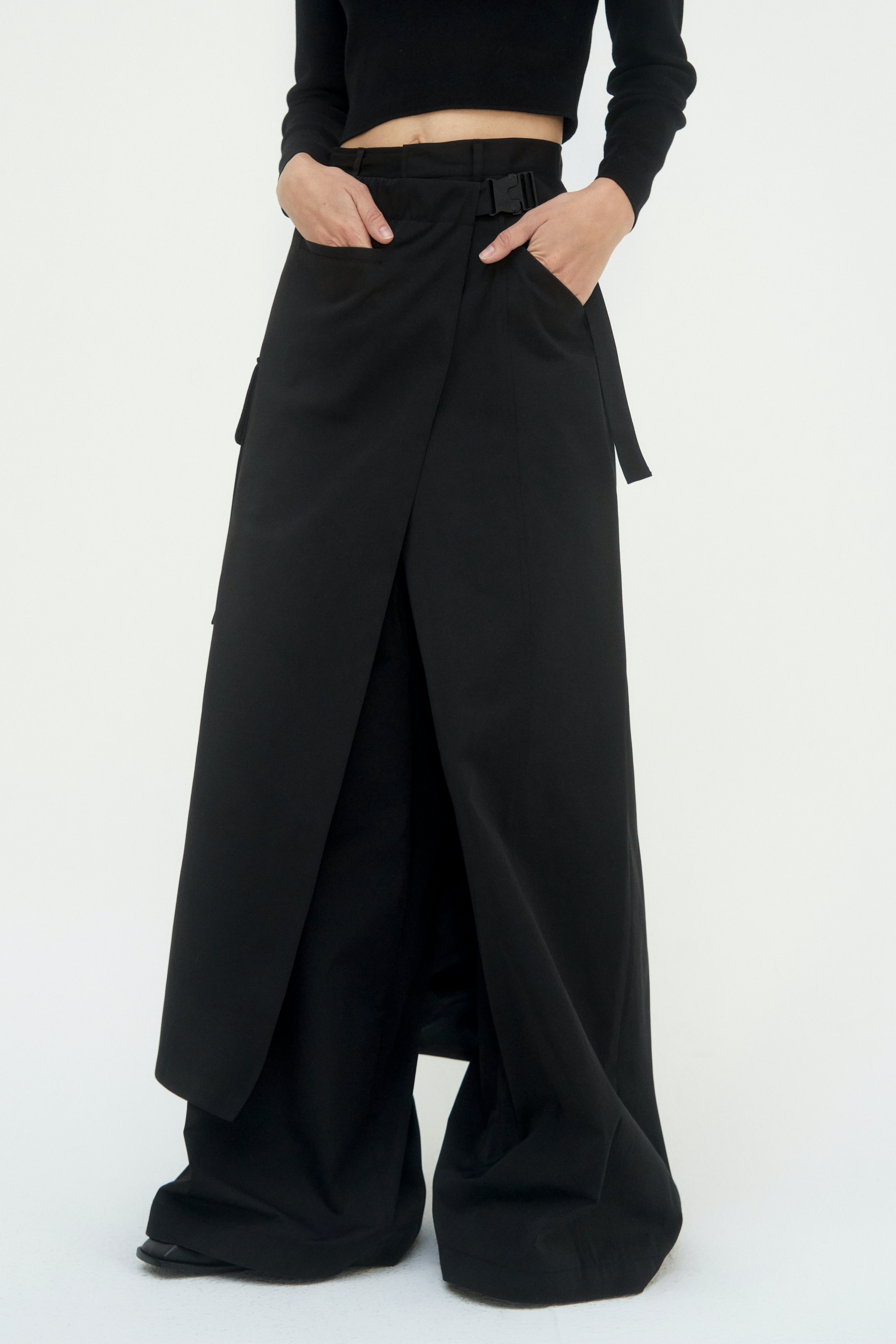 Cargo Belted Wrap Skirt Pants [ Black ]