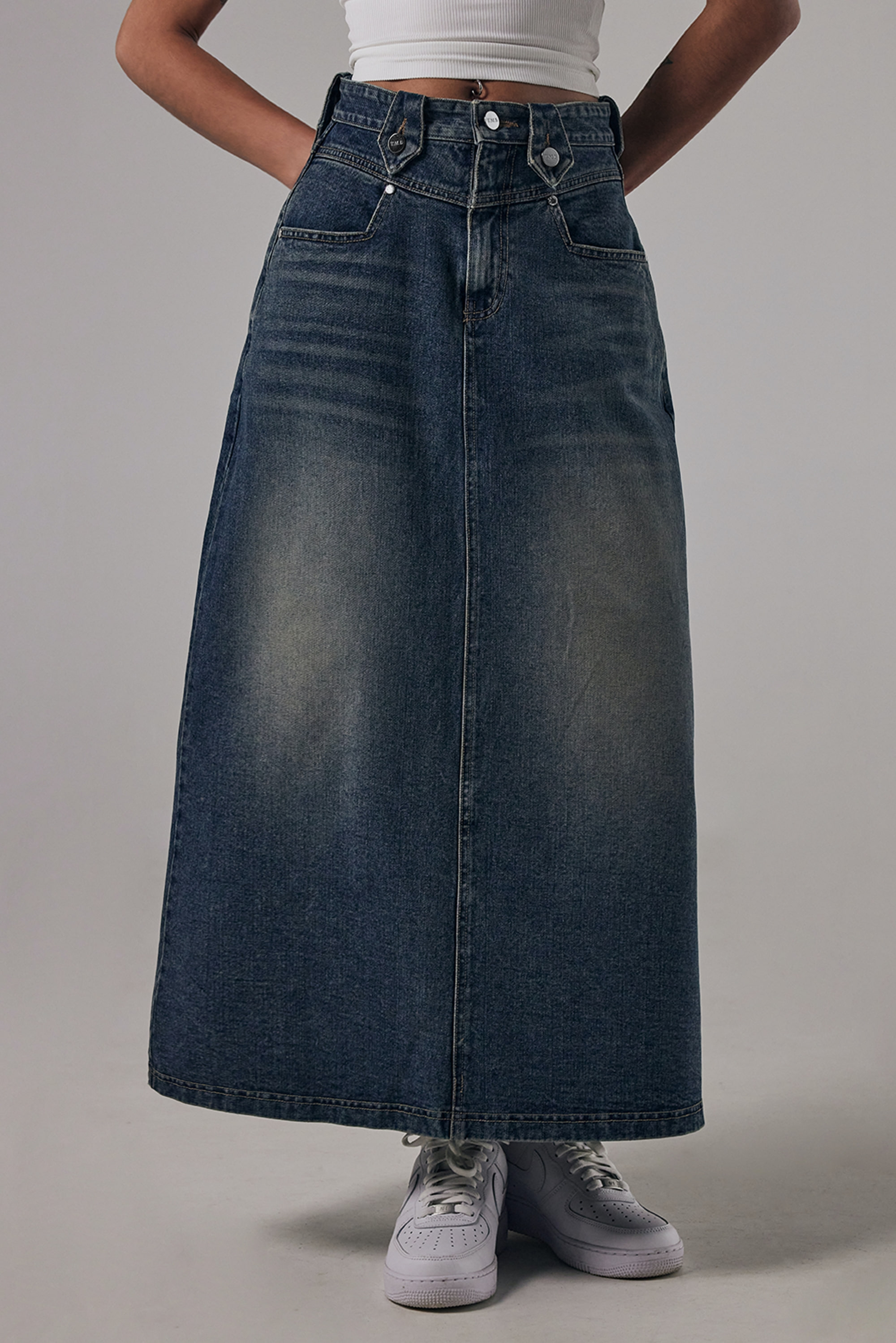 Front Yoke Denim Long Skirt [ Dark Blue ]